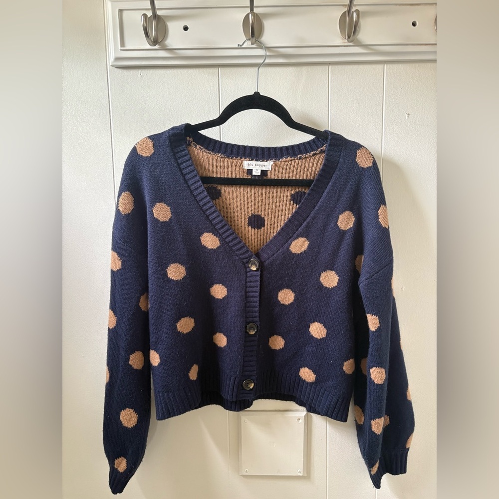 Blu Pepper Blue and Tan Cropped Cardigan